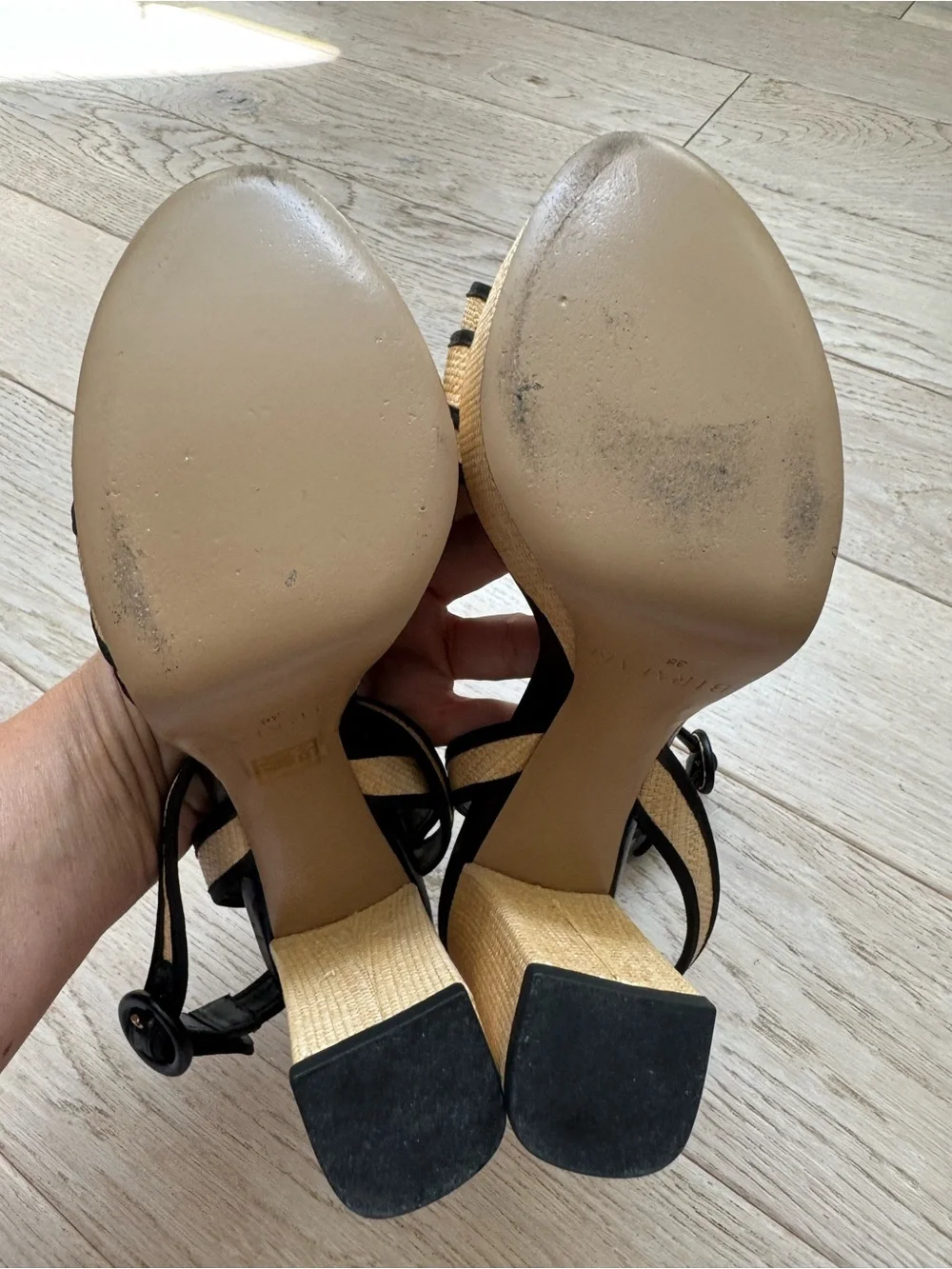 Alexandre Birman Black and Natural Woven Strappy Sandals worn once